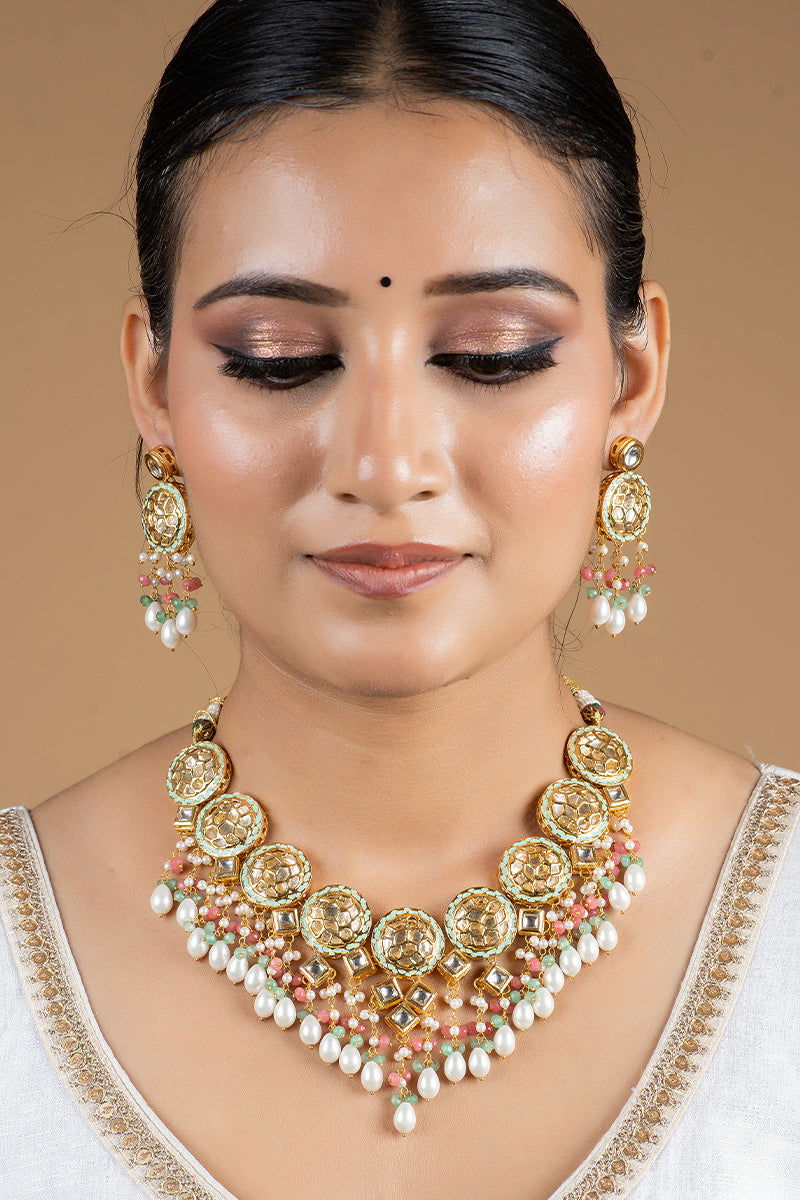 Gold Finish Kundan Necklace with Multi-Color Beads and High-Quality Pearls - Mayrake
