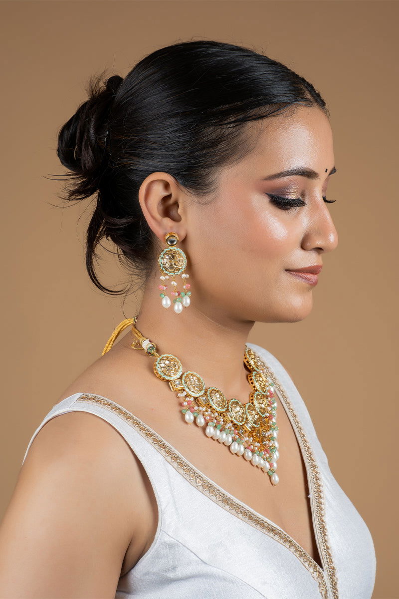 Gold Finish Kundan Necklace with Multi-Color Beads and High-Quality Pearls - Mayrake