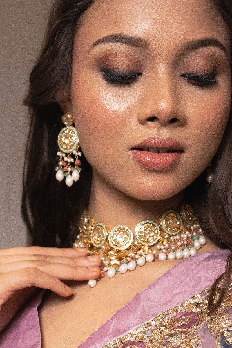 Gold Finish Kundan Necklace with Multi-Color Beads and High-Quality Pearls - Mayrake