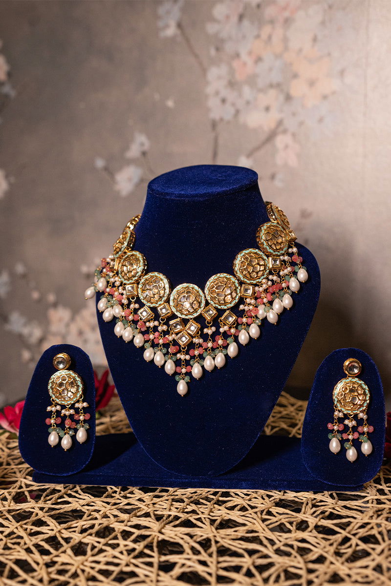 Gold Finish Kundan Necklace with Multi-Color Beads and High-Quality Pearls - Mayrake