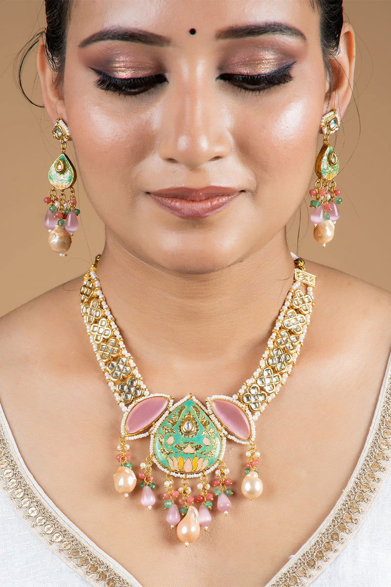 Gold Finish Kundan Necklace with Multi-Color Beads and Pearls - Mayrake.in