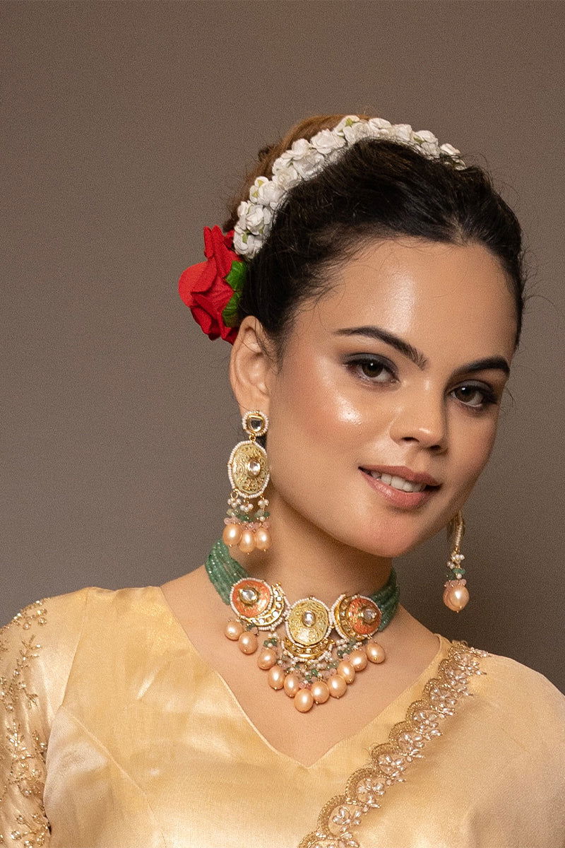 Gold Finish Kundan Necklace with Sea Green Beads and High-Quality Pearls - Mayrake