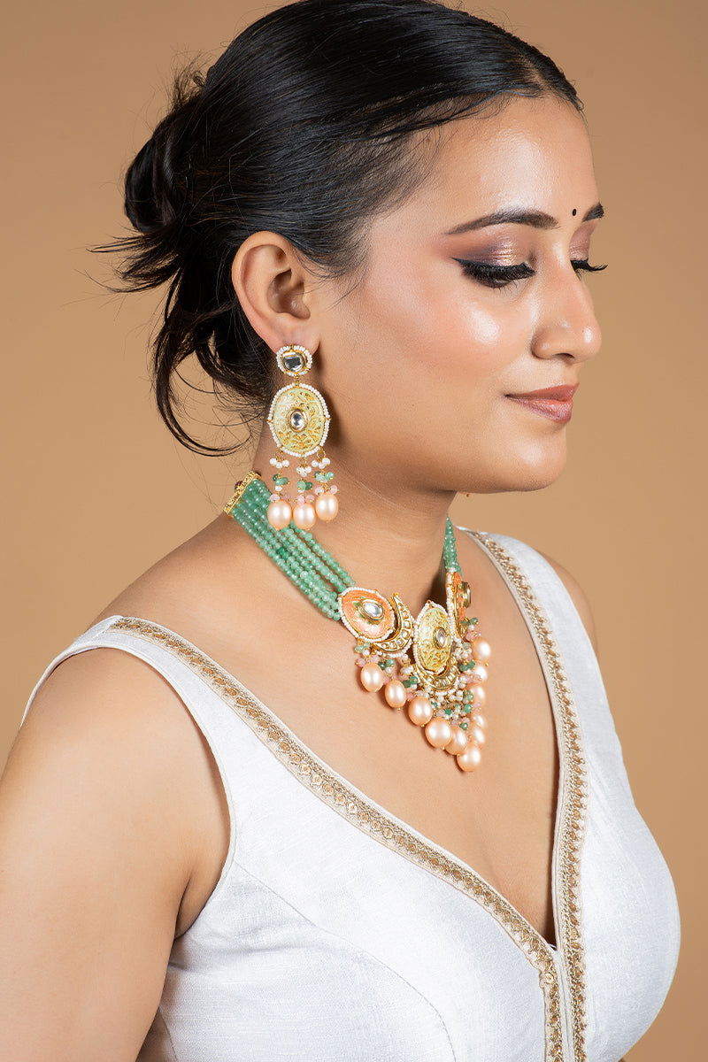 Gold Finish Kundan Necklace with Sea Green Beads and High-Quality Pearls - Mayrake