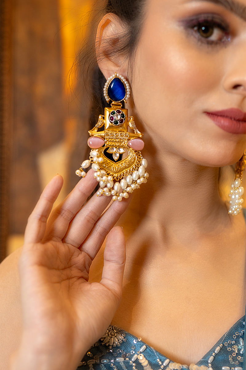 Gold Finish Long Earrings with Teardrop Pearls and Multicolor Kundan - Mayrake -
