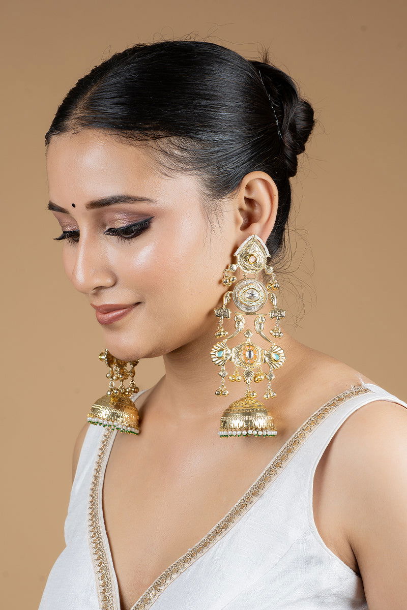 Gold Maharani Jhumka Earrings with Kundan Work and Pearls in Mixed Metal - Mayrake