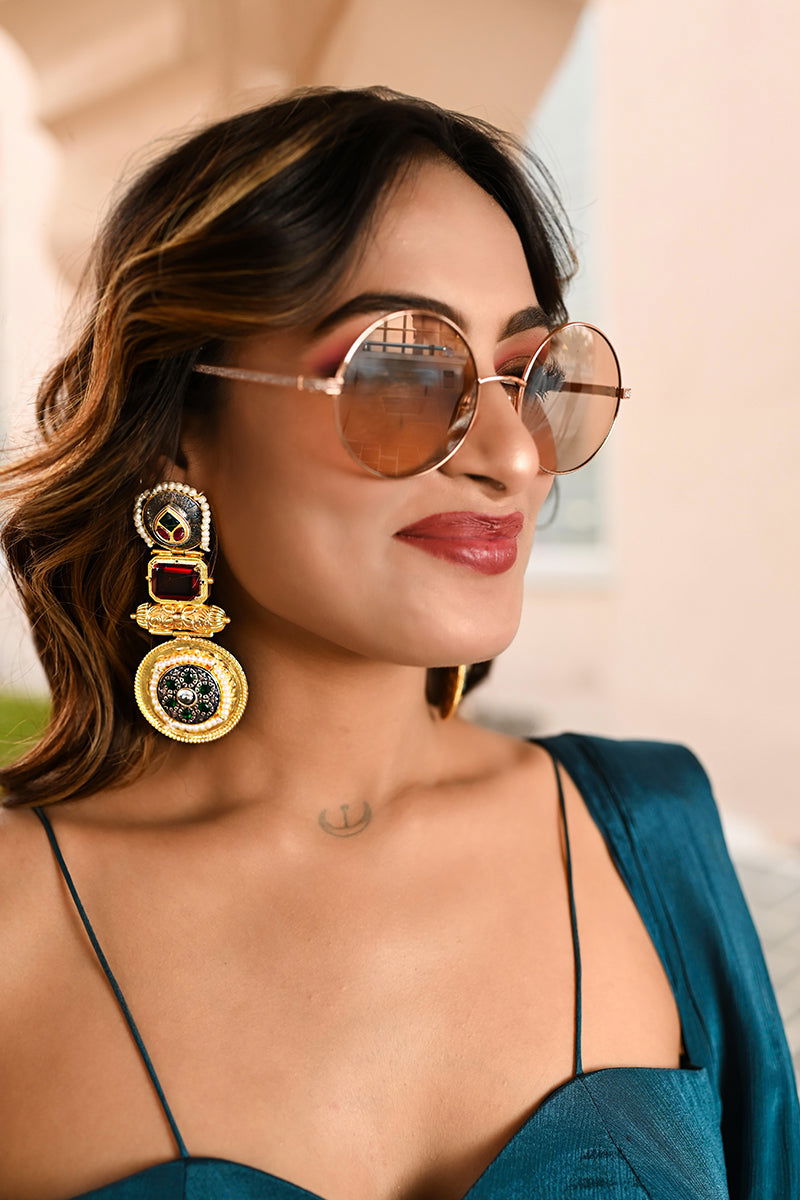 Gold Metal Earrings with Kundan Ruby Stones and Pearl Accents - Mayrake -