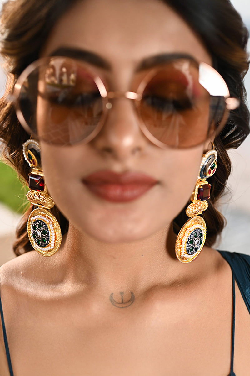 Gold Metal Earrings with Kundan Ruby Stones and Pearl Accents - Mayrake -
