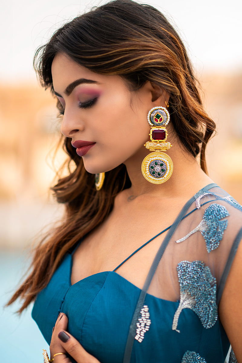 Gold Metal Earrings with Kundan Ruby Stones and Pearl Accents - Mayrake -