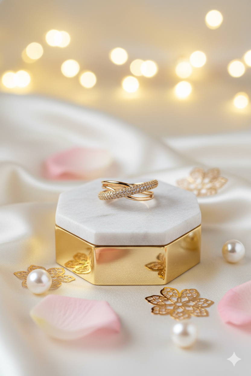 Gold ring on a marble box with decorative elements and soft lighting