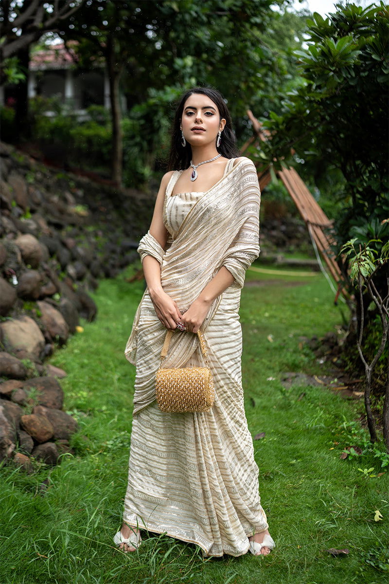 Gorgeous Cream Ivory Georgette Sequin Work Saree with Stitched Designer Blouse - Mayrake