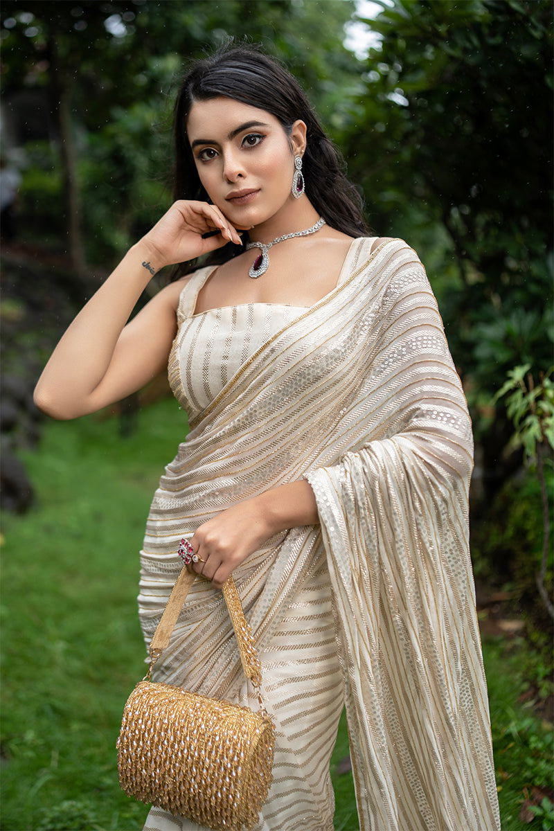 Gorgeous Cream Ivory Georgette Sequin Work Saree with Stitched Designer Blouse - Mayrake