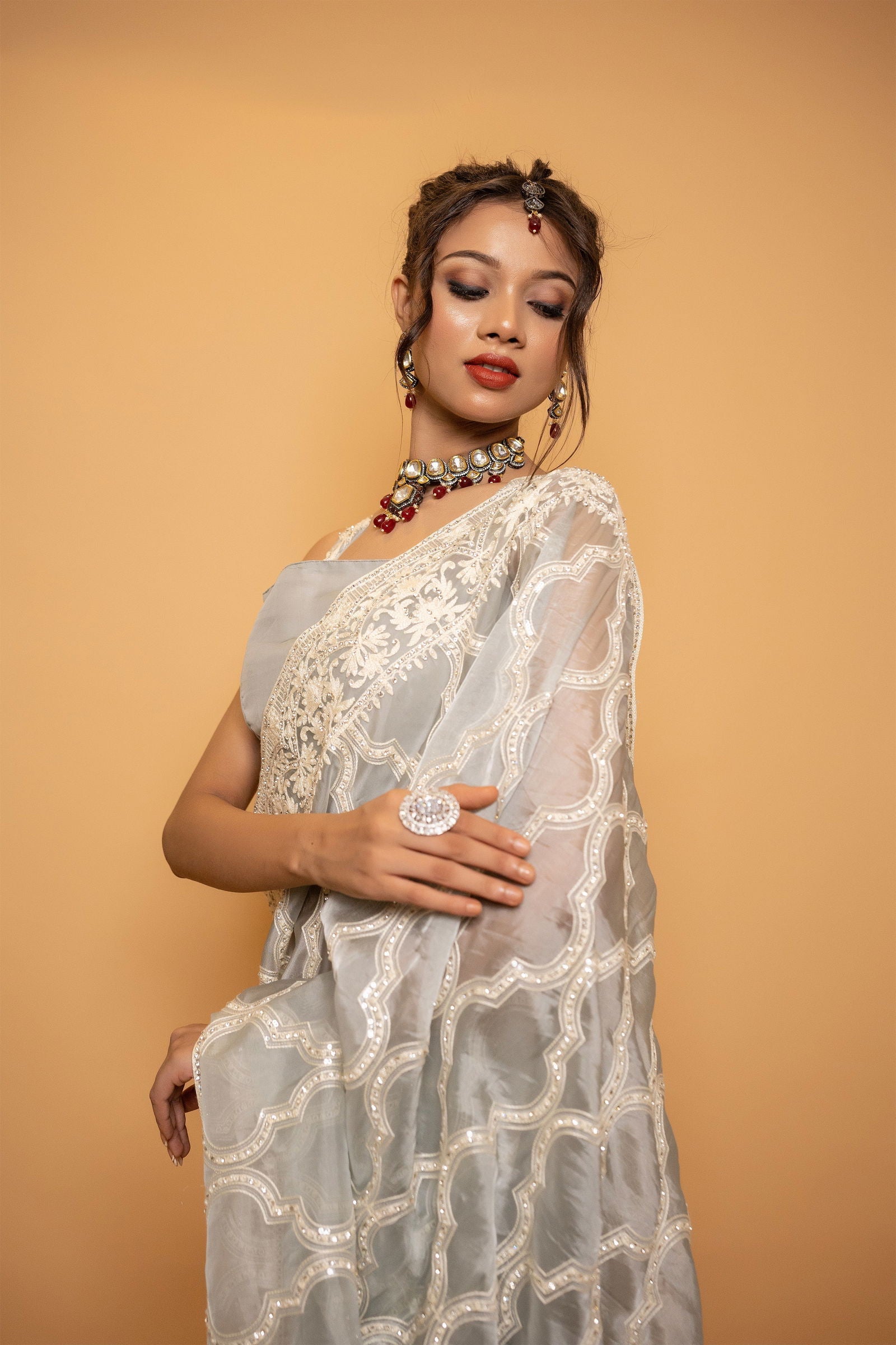 Gray Organza Saree with Heavy Thread Work and Swarovski Stones with Stitched Designer Blouse - Mayrake