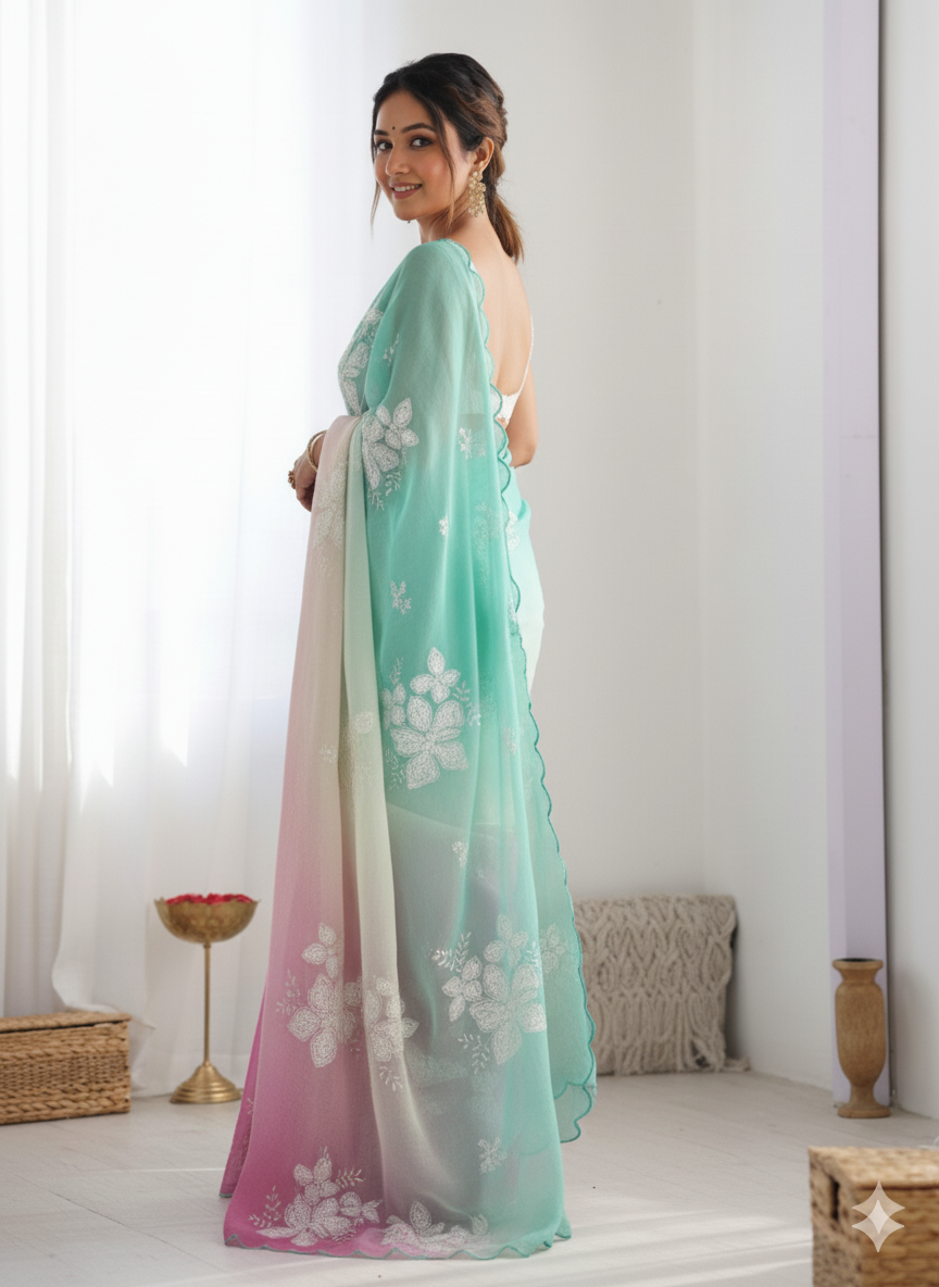 Green Magenta Pastel-Shaded Soft Chinon Silk Saree with Sequin Embroidery and Khatli Work Border - Mayrake.in