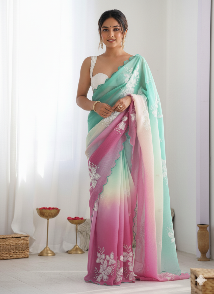 Green Magenta Pastel-Shaded Soft Chinon Silk Saree with Sequin Embroidery and Khatli Work Border - Mayrake.in