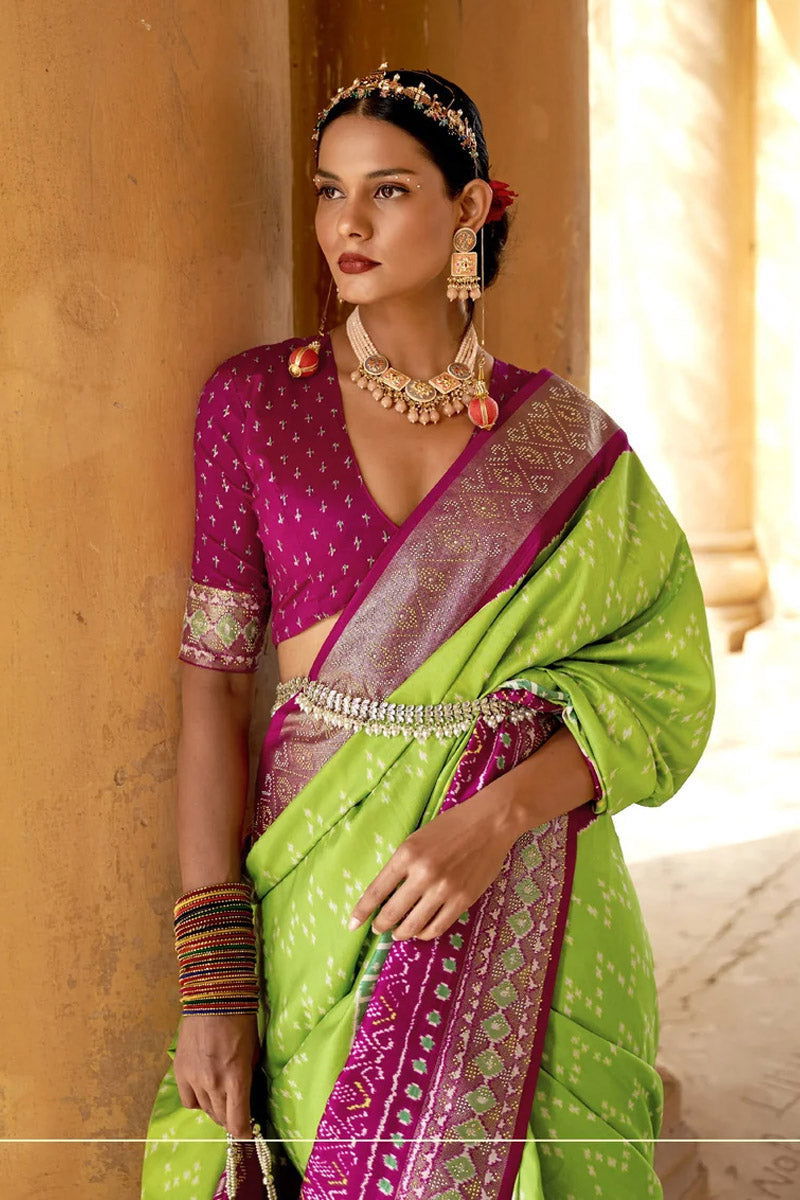 Green Magenta Raw Silk Saree with Patola Design - Mayrake.in