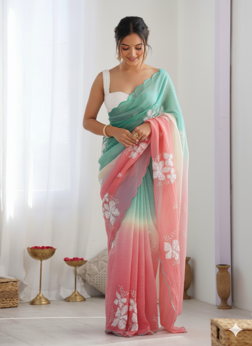 Green Pink Pastel-Shaded Soft Chinon Silk Saree with Sequin Embroidery and Khatli Work Border - Mayrake.in
