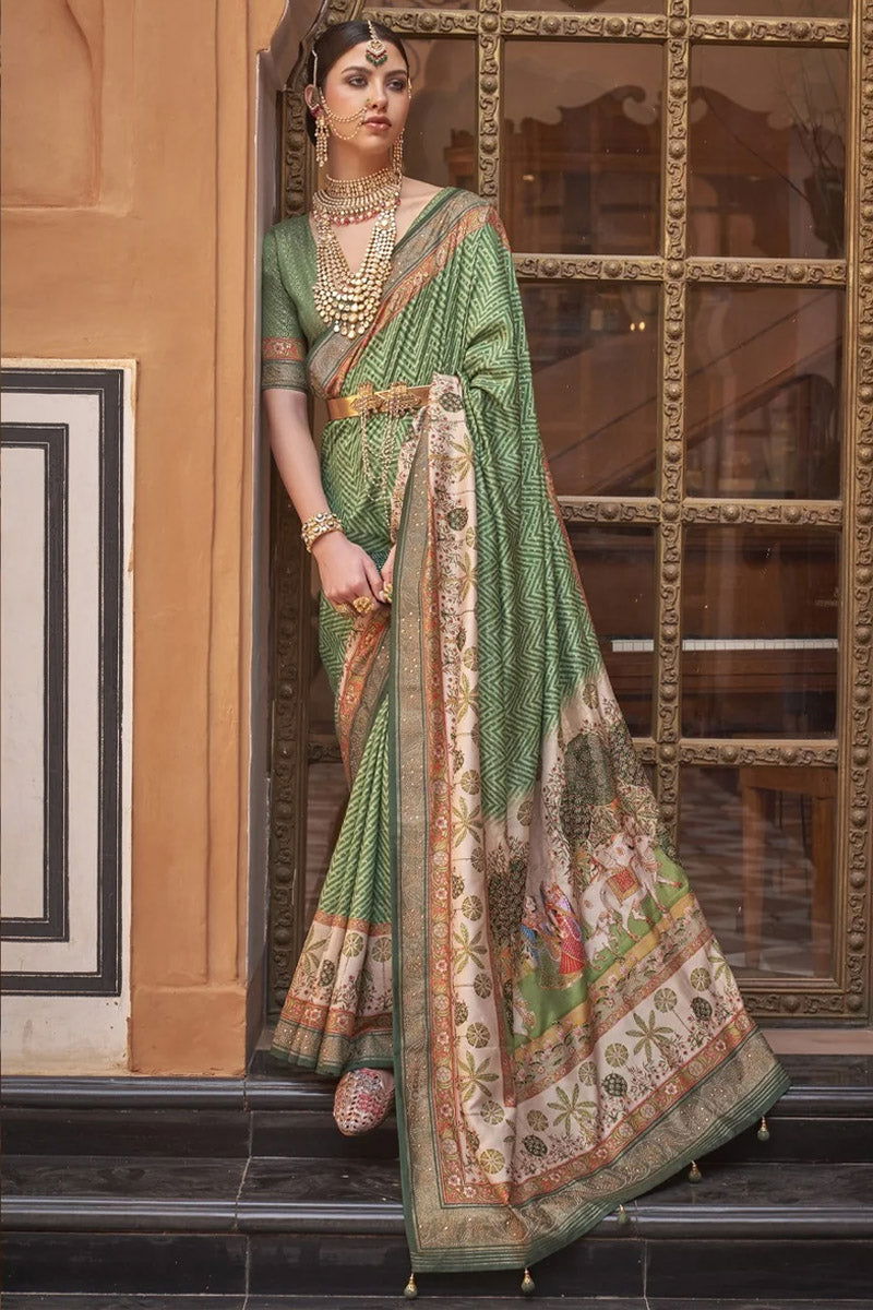 Green Saree with Cream Border Viscose Silk with Exclusive Design and Additional Work - Mayrake