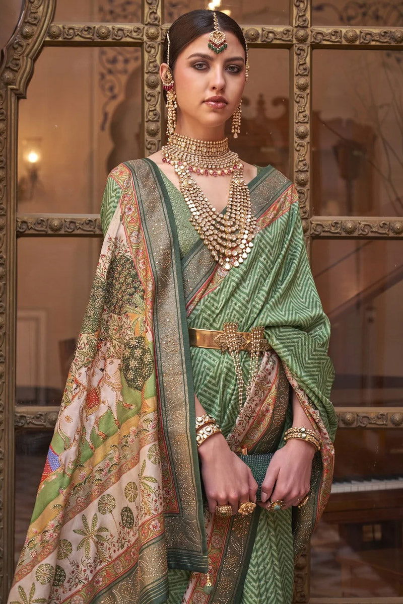 Green Saree with Cream Border Viscose Silk with Exclusive Design and Additional Work - Mayrake