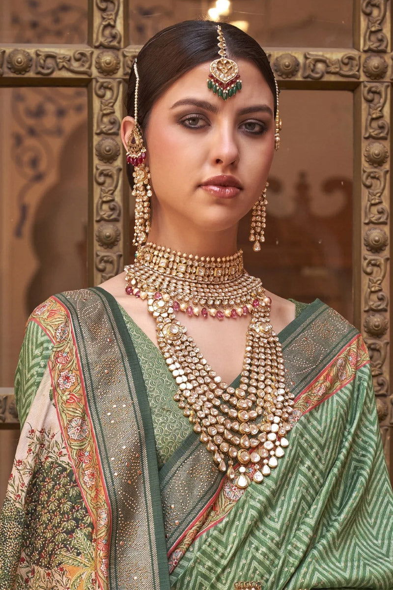Green Saree with Cream Border Viscose Silk with Exclusive Design and Additional Work - Mayrake