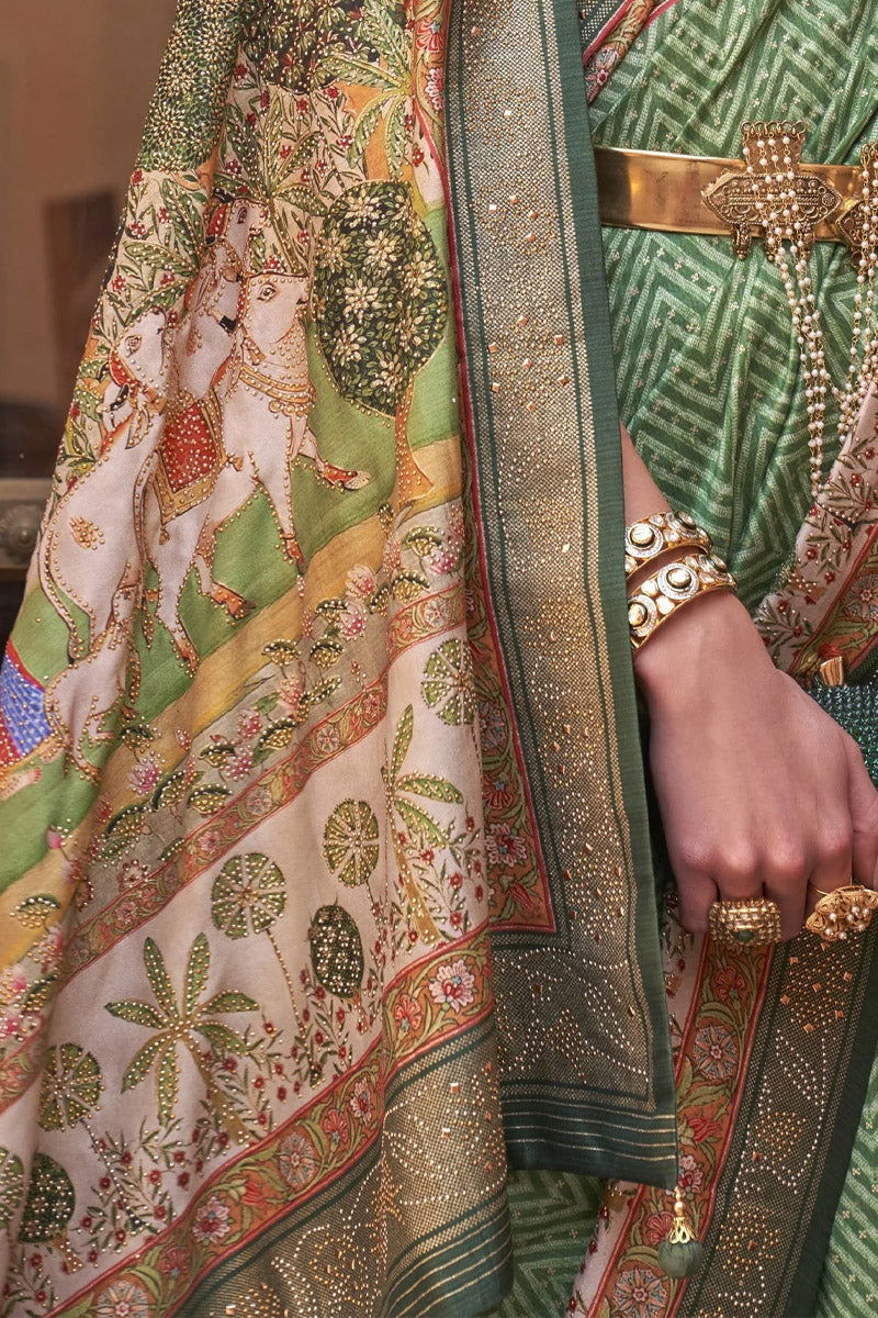 Green Saree with Cream Border Viscose Silk with Exclusive Design and Additional Work - Mayrake