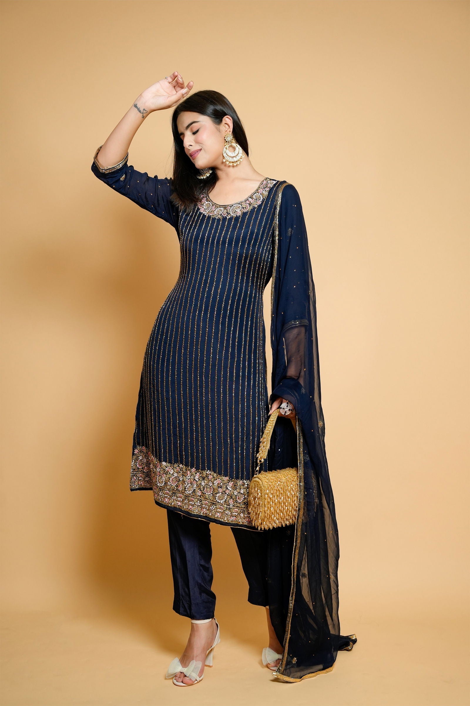 Hand-Embroidered Dark Blue Organza Suit with Cut Flower and Pearl Details, Includes Designer Pants and Dupatta - Mayrake
