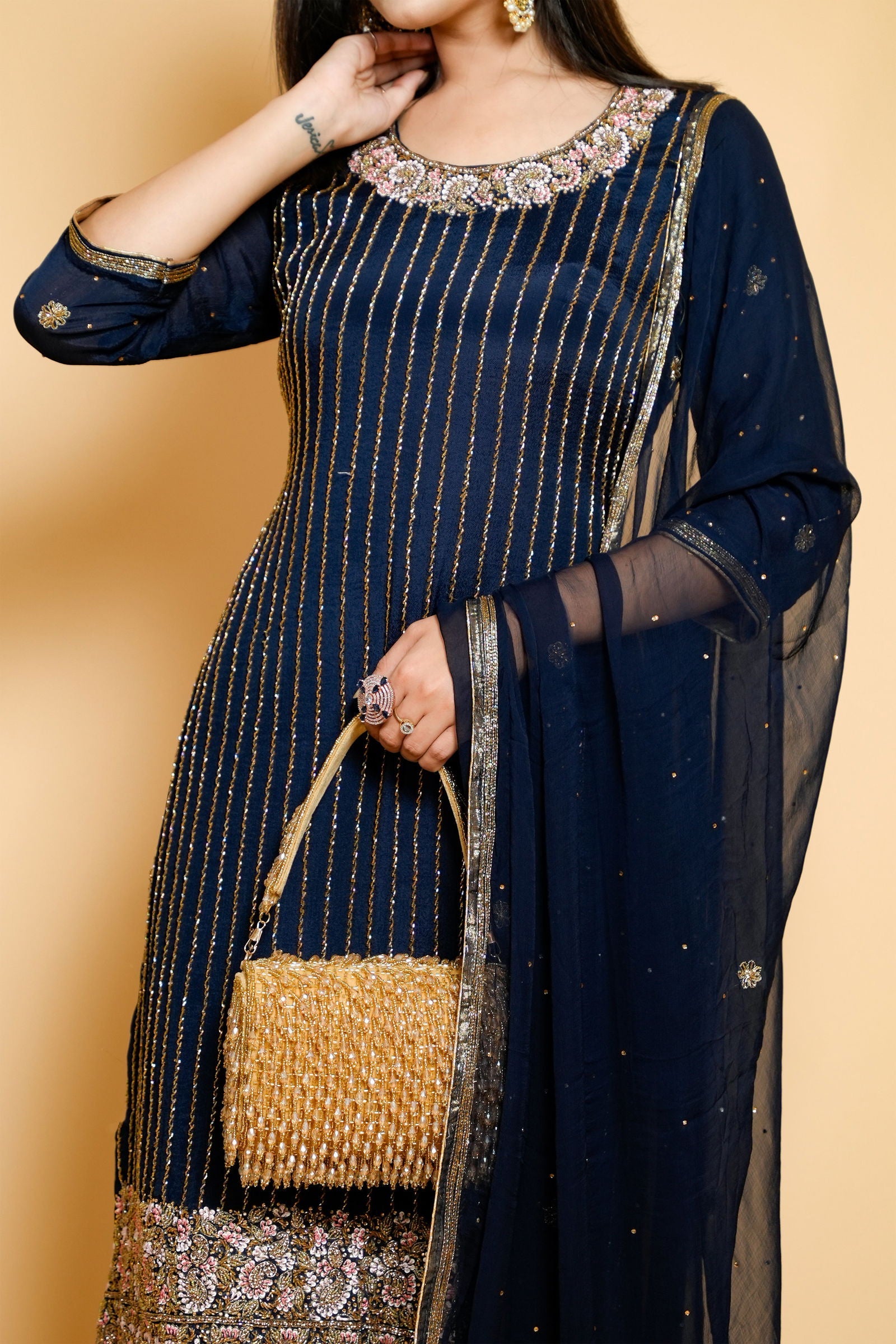 Hand-Embroidered Dark Blue Organza Suit with Cut Flower and Pearl Details, Includes Designer Pants and Dupatta - Mayrake