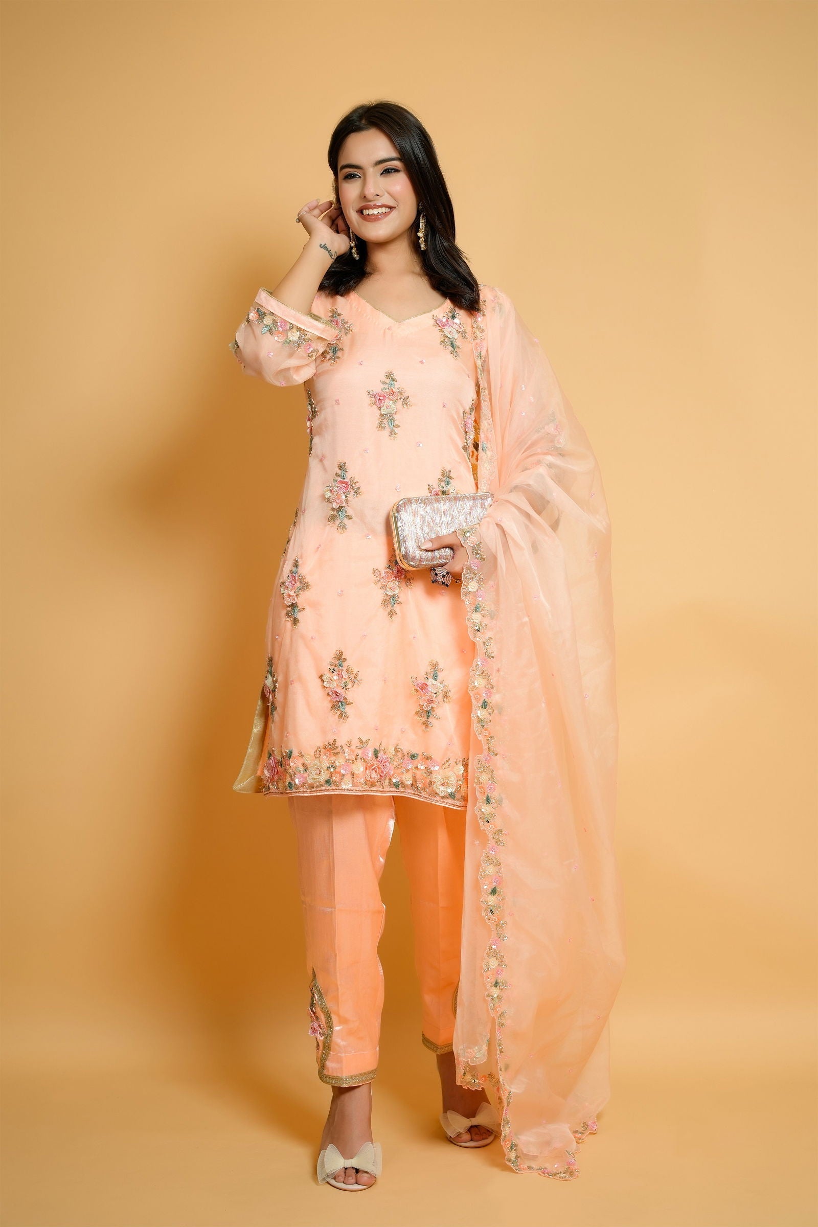 Hand-Embroidered Peach Organza Suit with Designer Pants and Dupatta - Mayrake