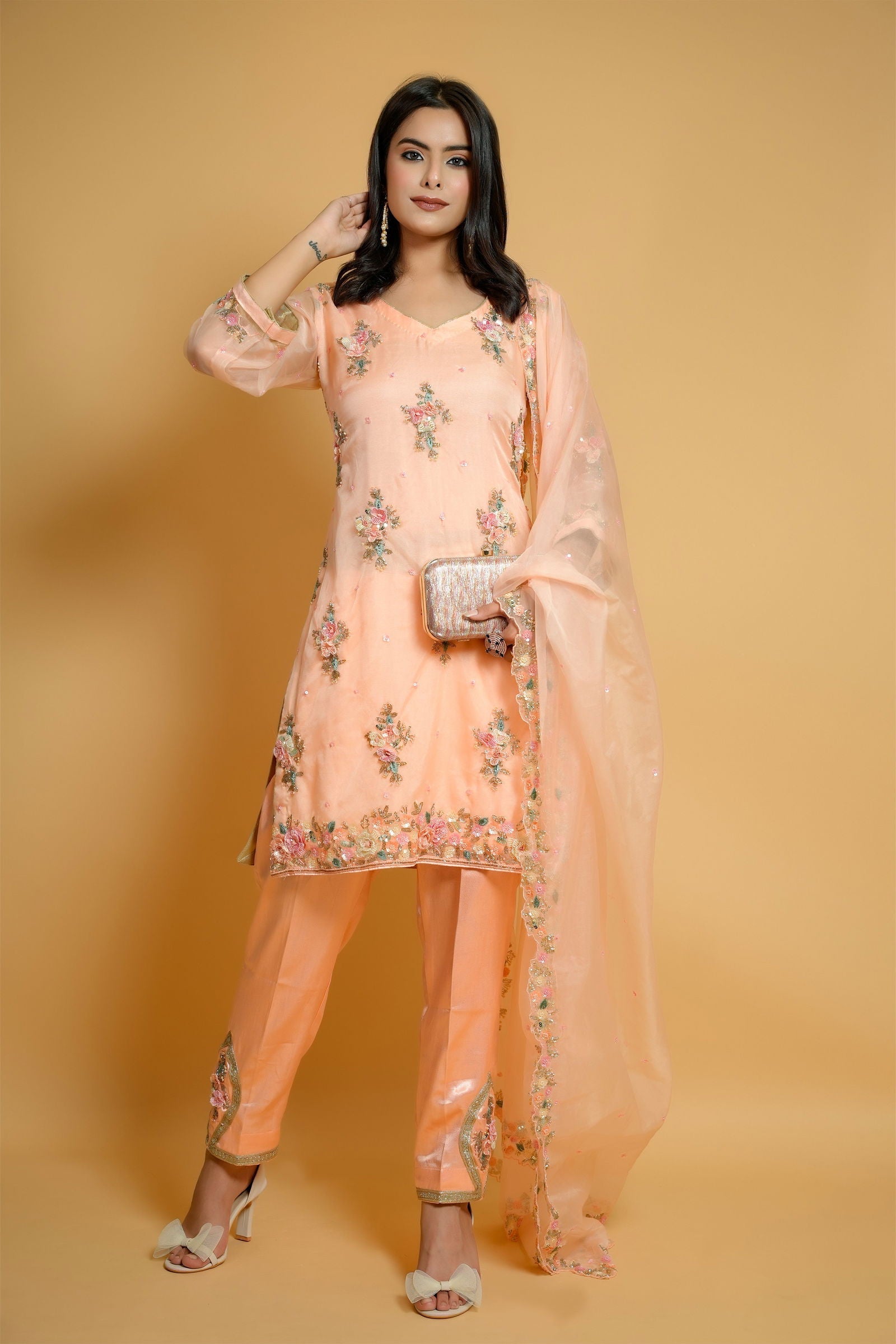 Hand-Embroidered Peach Organza Suit with Designer Pants and Dupatta - Mayrake
