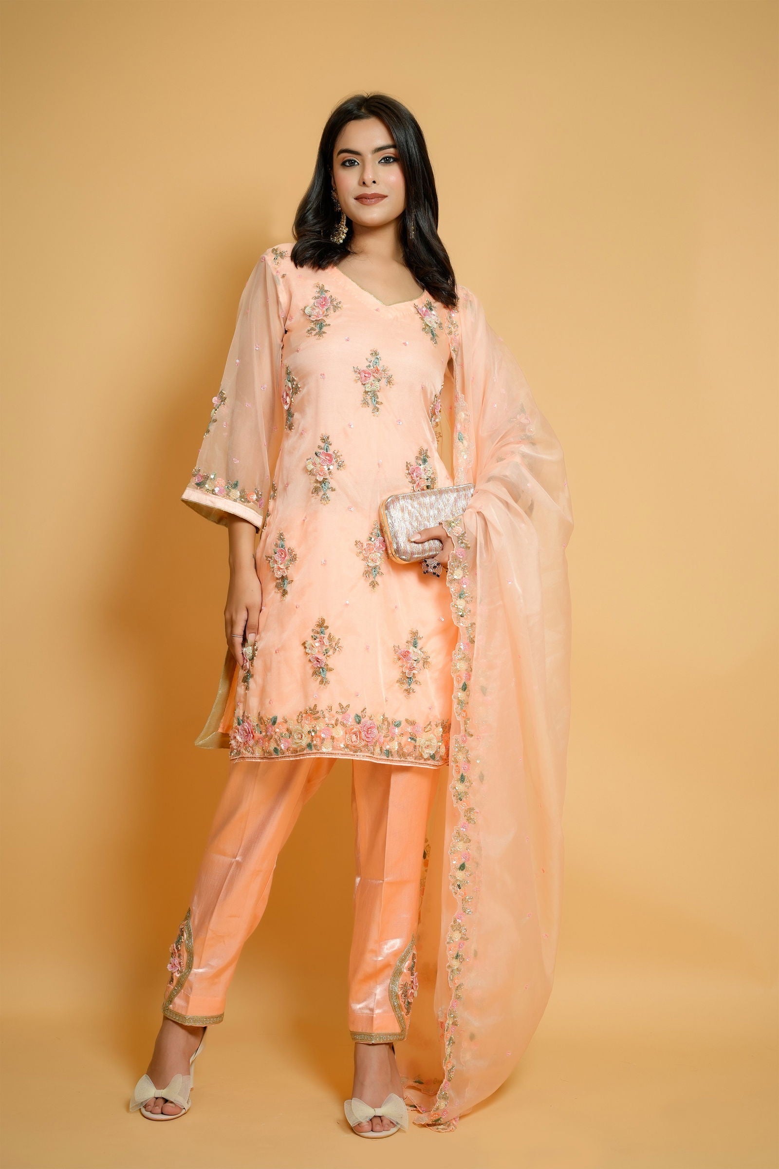 Hand-Embroidered Peach Organza Suit with Designer Pants and Dupatta - Mayrake
