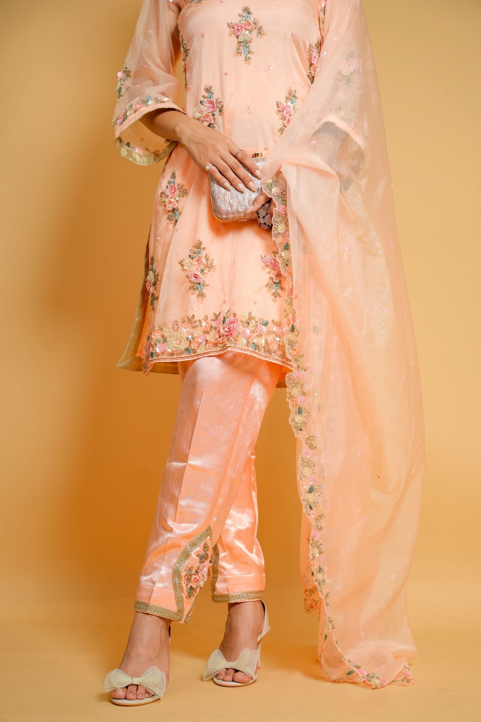 Hand-Embroidered Peach Organza Suit with Designer Pants and Dupatta - Mayrake