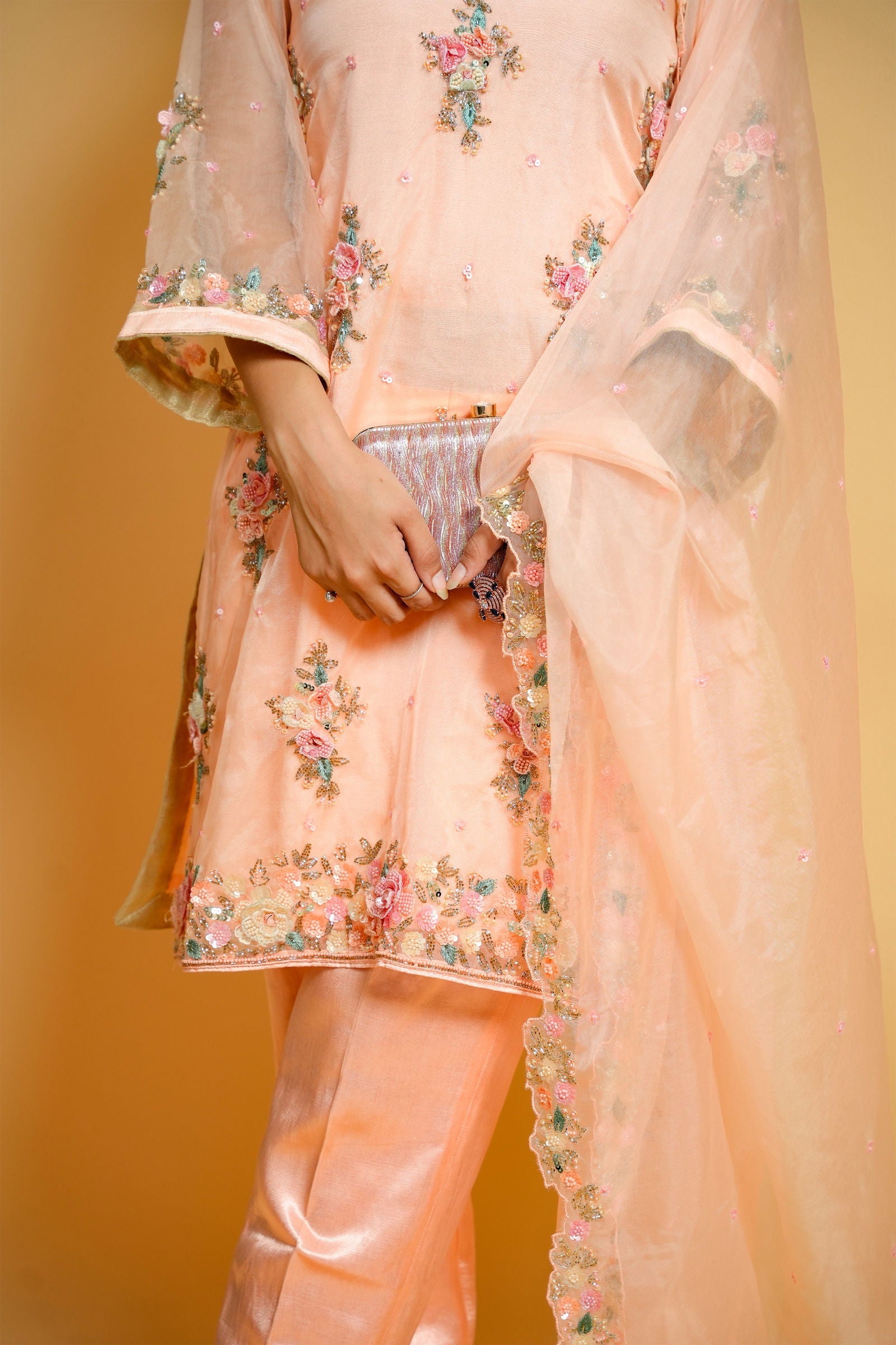 Hand-Embroidered Peach Organza Suit with Designer Pants and Dupatta - Mayrake
