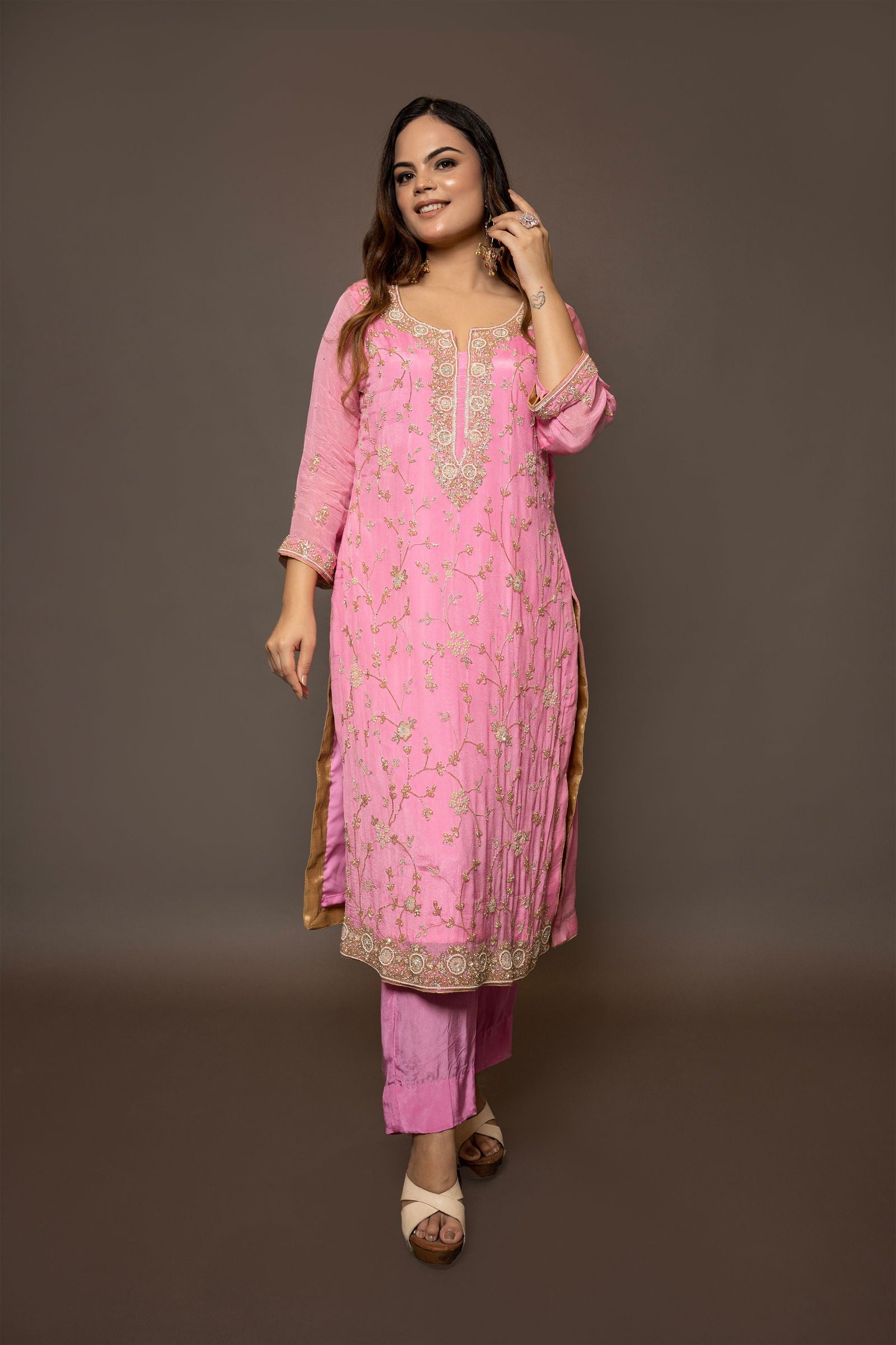 Hand Embroidered Baby Pink Georgette Suit with Heavy Dupatta and Matching Pants - Mayrake