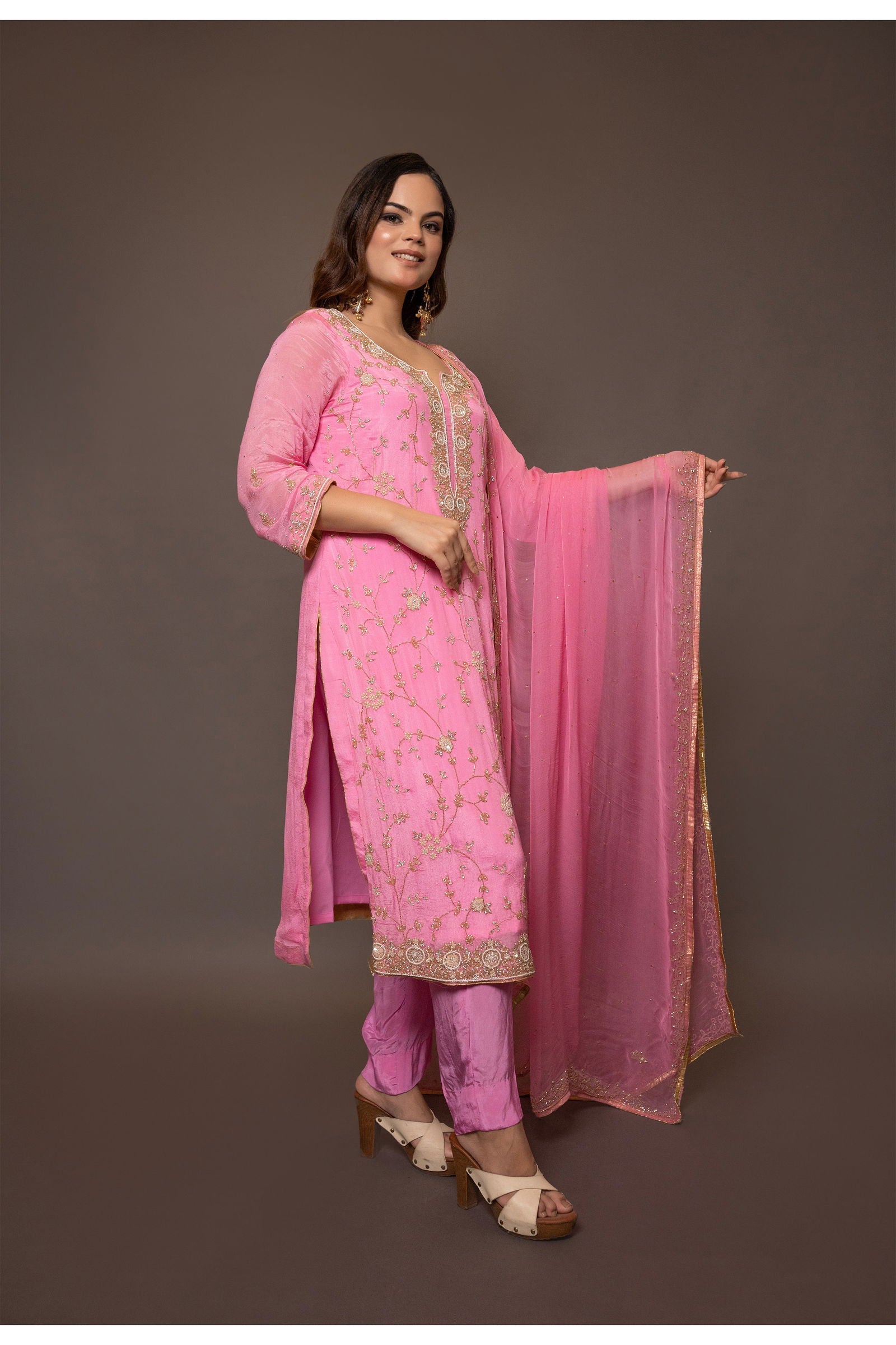 Hand Embroidered Baby Pink Georgette Suit with Heavy Dupatta and Matching Pants - Mayrake