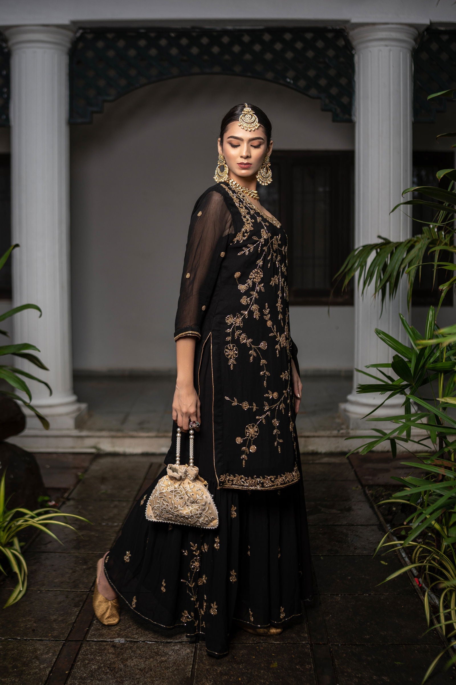 Hand Embroidered Black Zardozi Georgette Suit with Matching Garara and Dupatta - Mayrake