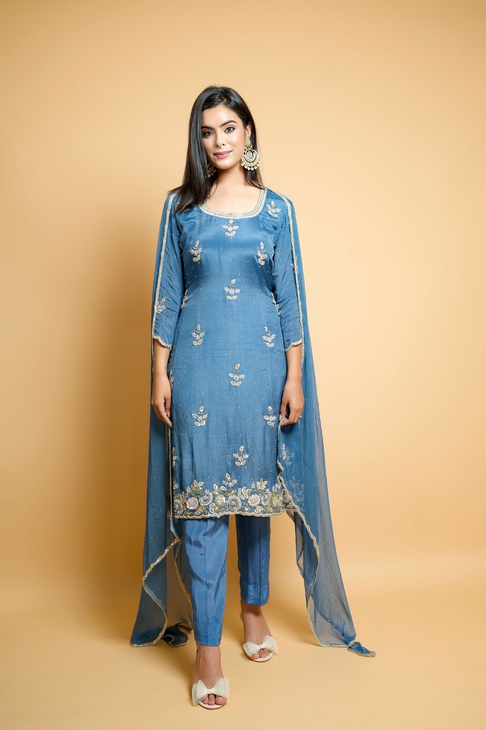 Hand Embroidered Dark Gray-Blue Chiffon Suit with Crepe Pants and Dupatta - Mayrake