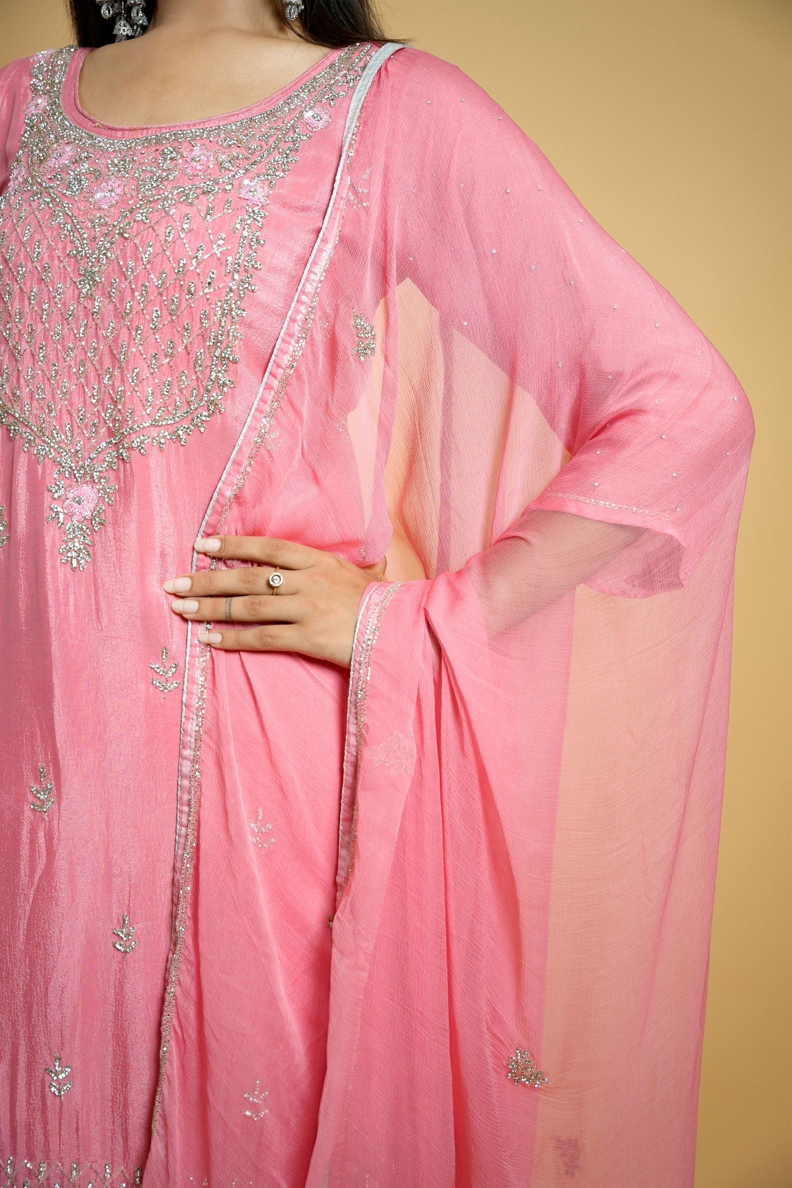 Hand Embroidered Peach Georgette Sharara Suit with Matching Dupatta - Mayrake
