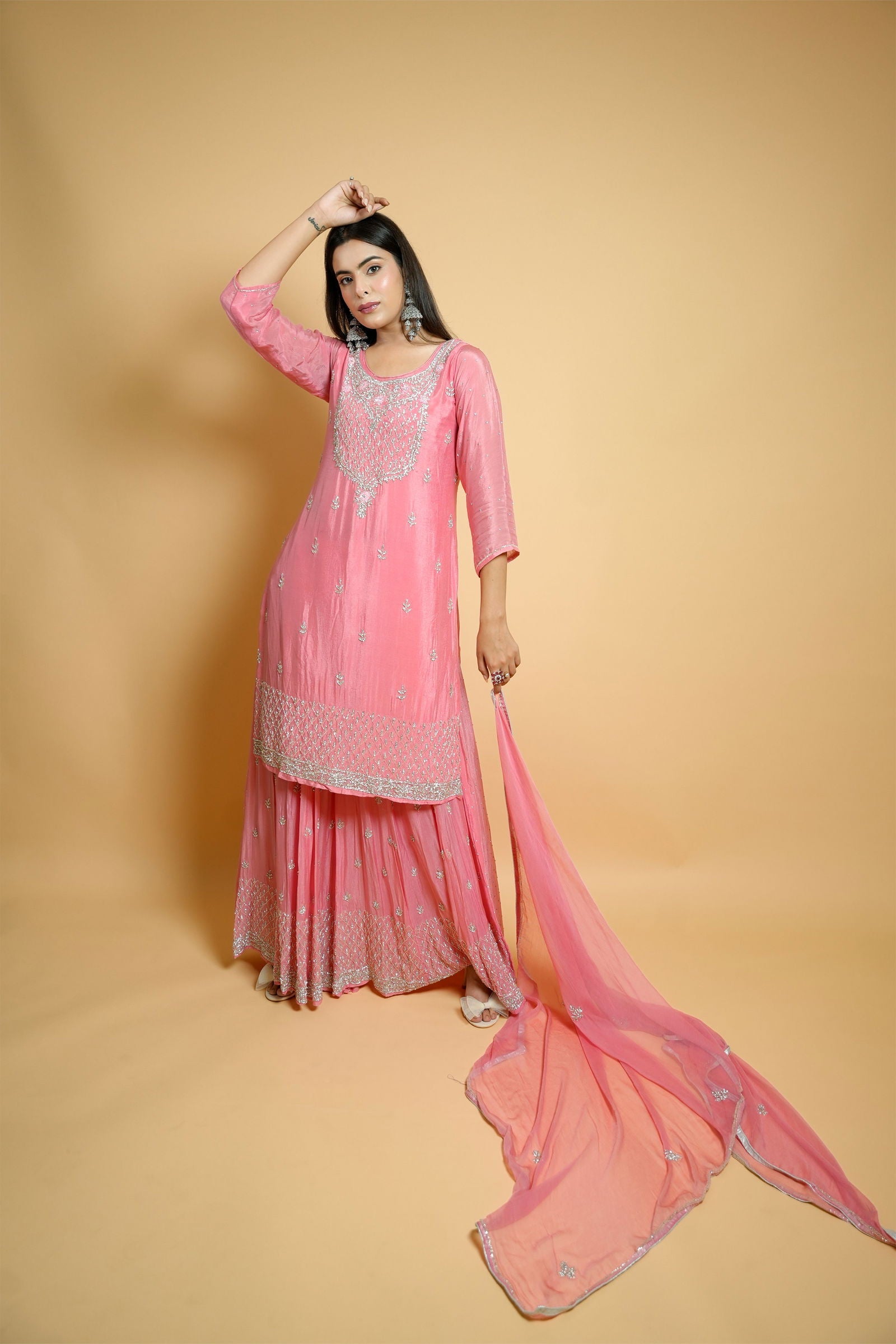 Hand Embroidered Peach Georgette Sharara Suit with Matching Dupatta - Mayrake