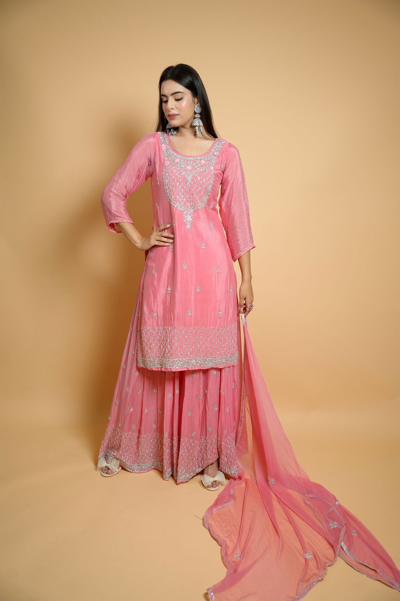 Hand Embroidered Peach Georgette Sharara Suit with Matching Dupatta - Mayrake