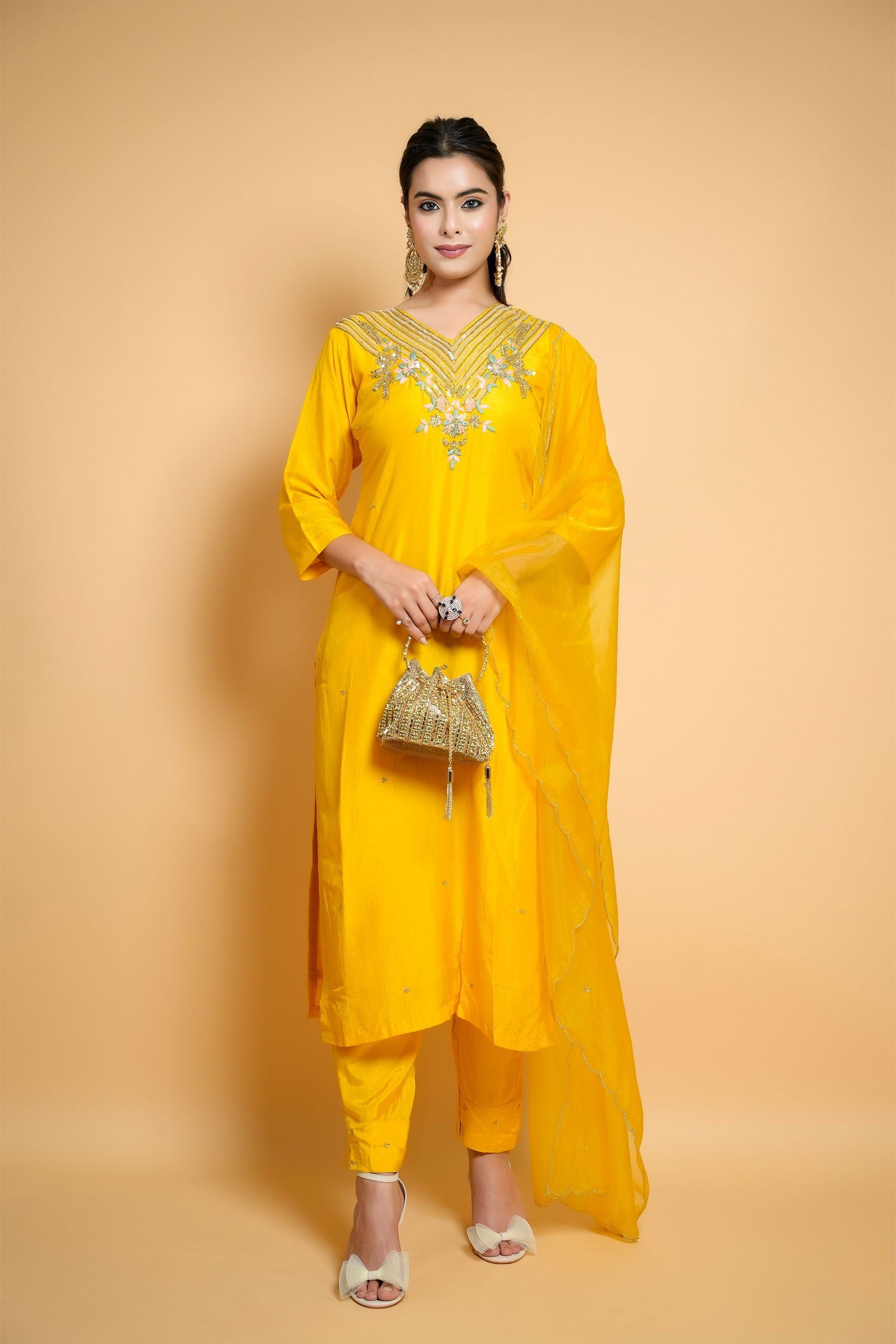Hand Embroidered Yellow Silk Suit with Pants and Organza Dupatta - Mayrake