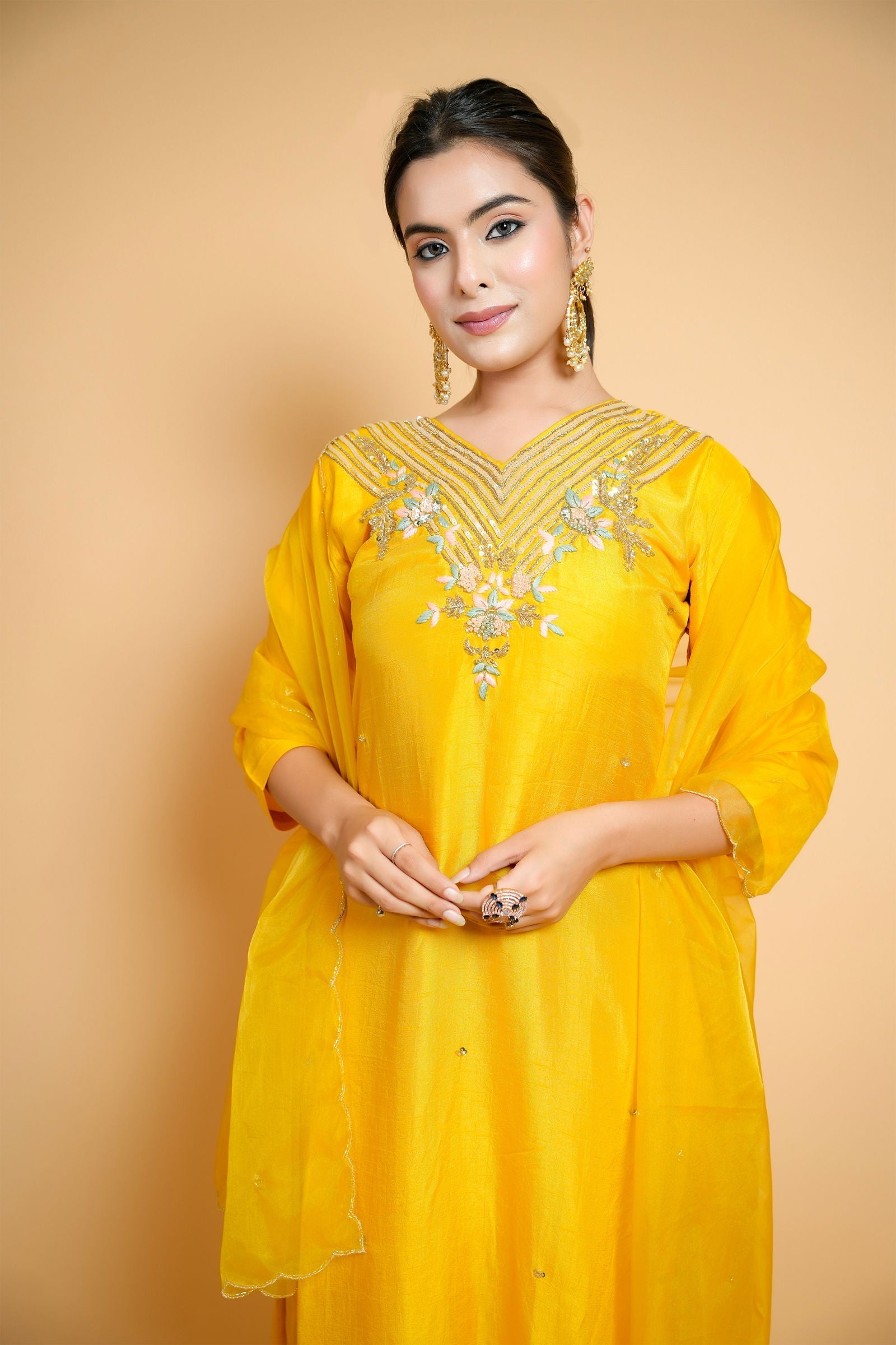Hand Embroidered Yellow Silk Suit with Pants and Organza Dupatta - Mayrake