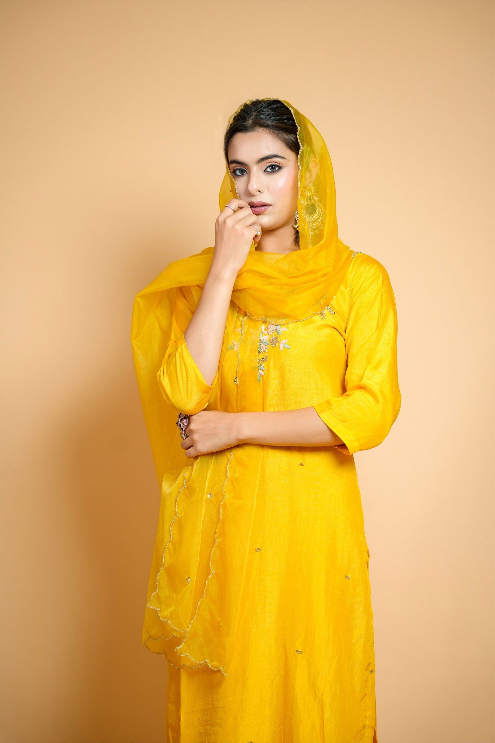 Hand Embroidered Yellow Silk Suit with Pants and Organza Dupatta - Mayrake