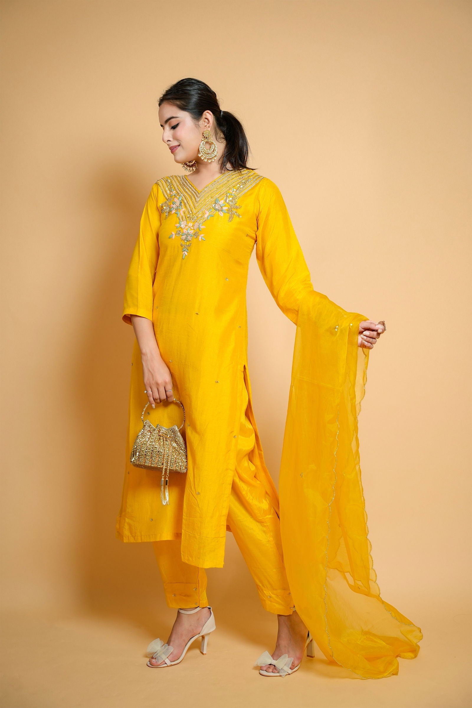 Hand Embroidered Yellow Silk Suit with Pants and Organza Dupatta - Mayrake