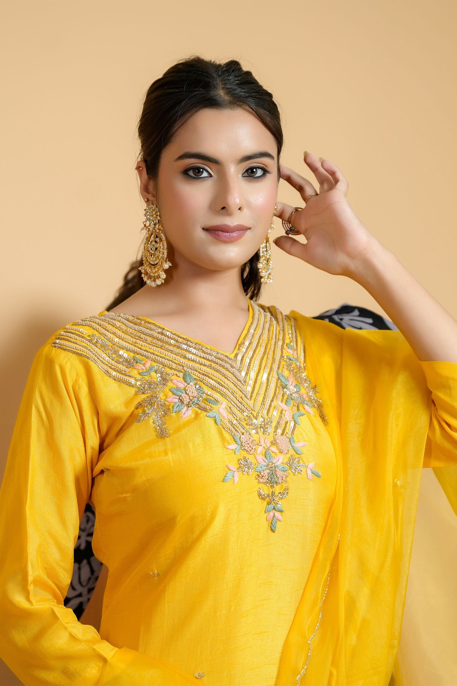 Hand Embroidered Yellow Silk Suit with Pants and Organza Dupatta - Mayrake