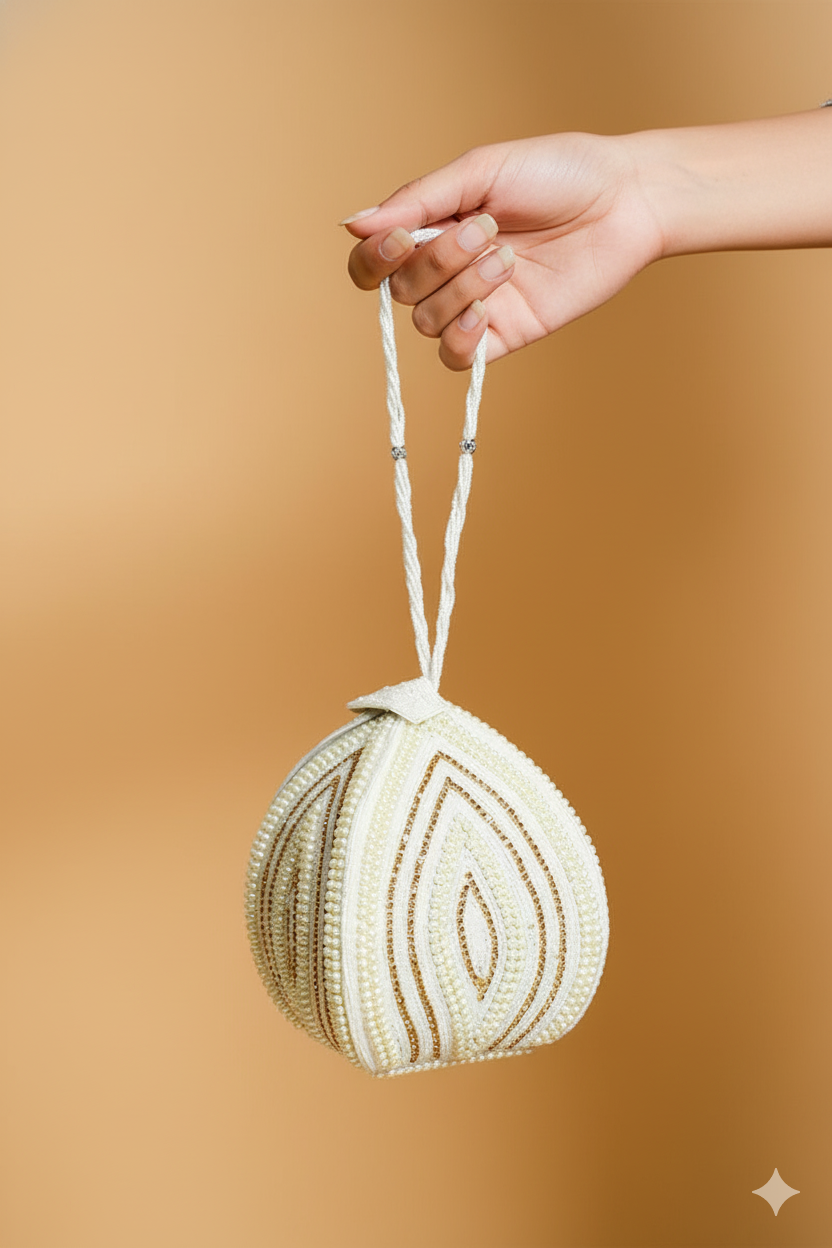 Hand holding a round woven bag with decorative patterns against a brown background