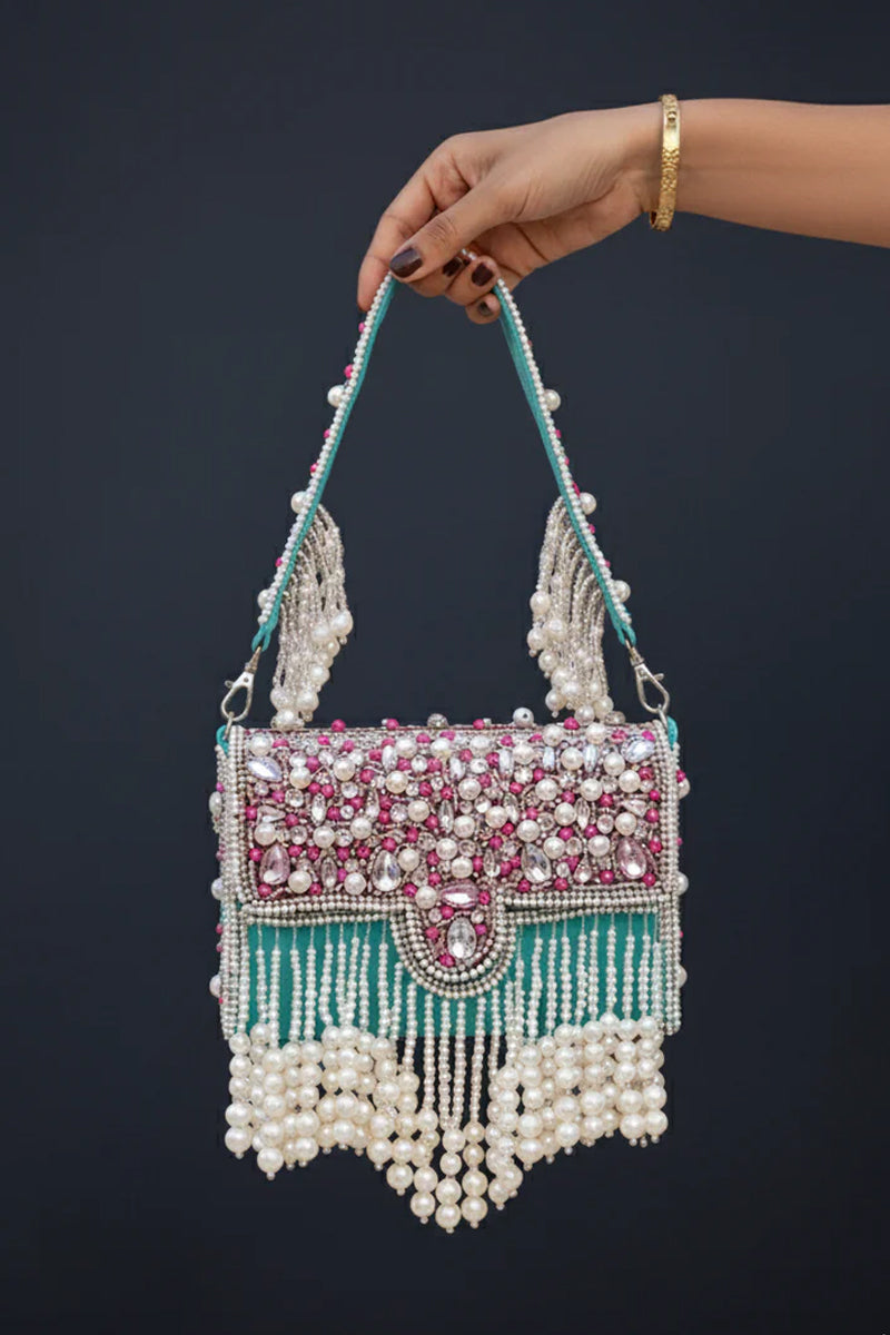 Zari Adorned Sea Blue Handbag with Pink Beads, Pearls, and Tassel