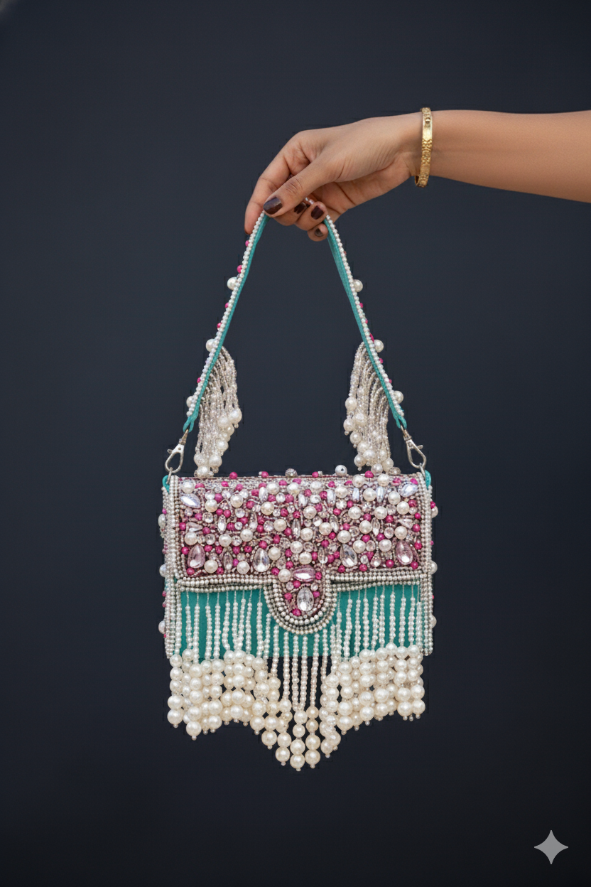 Handbag with pearl and bead details held by a hand against a dark background