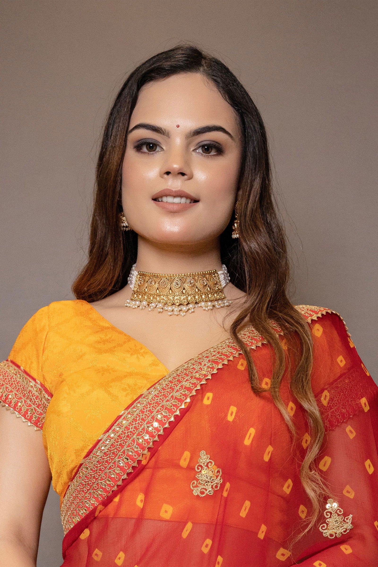 Handcrafted Gold Choker with Stone and Pearl and Matching Earrings - Mayrake