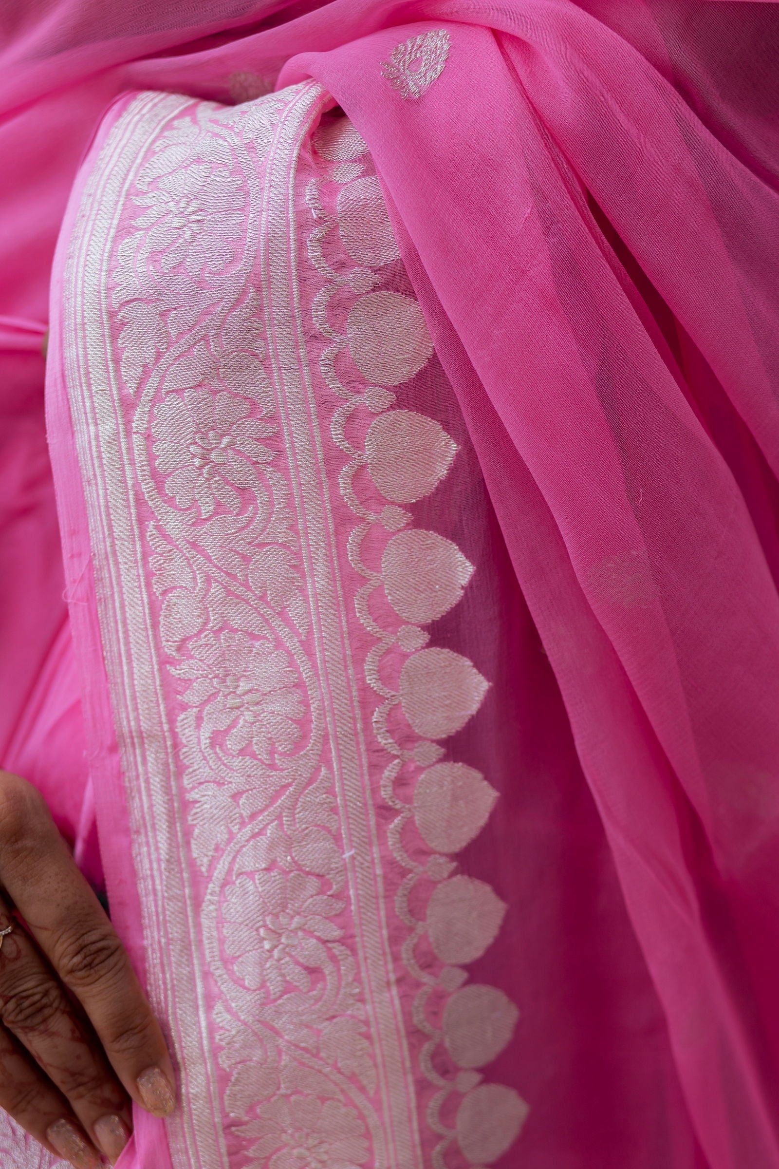 Handloom Baby Pink Pure Khadi Chiffon Banarasi Saree - Mayrake.in