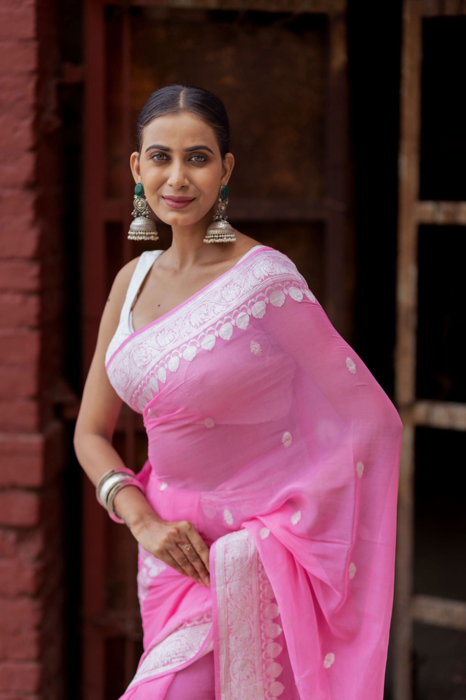 Handloom Baby Pink Pure Khadi Chiffon Banarasi Saree - Mayrake.in