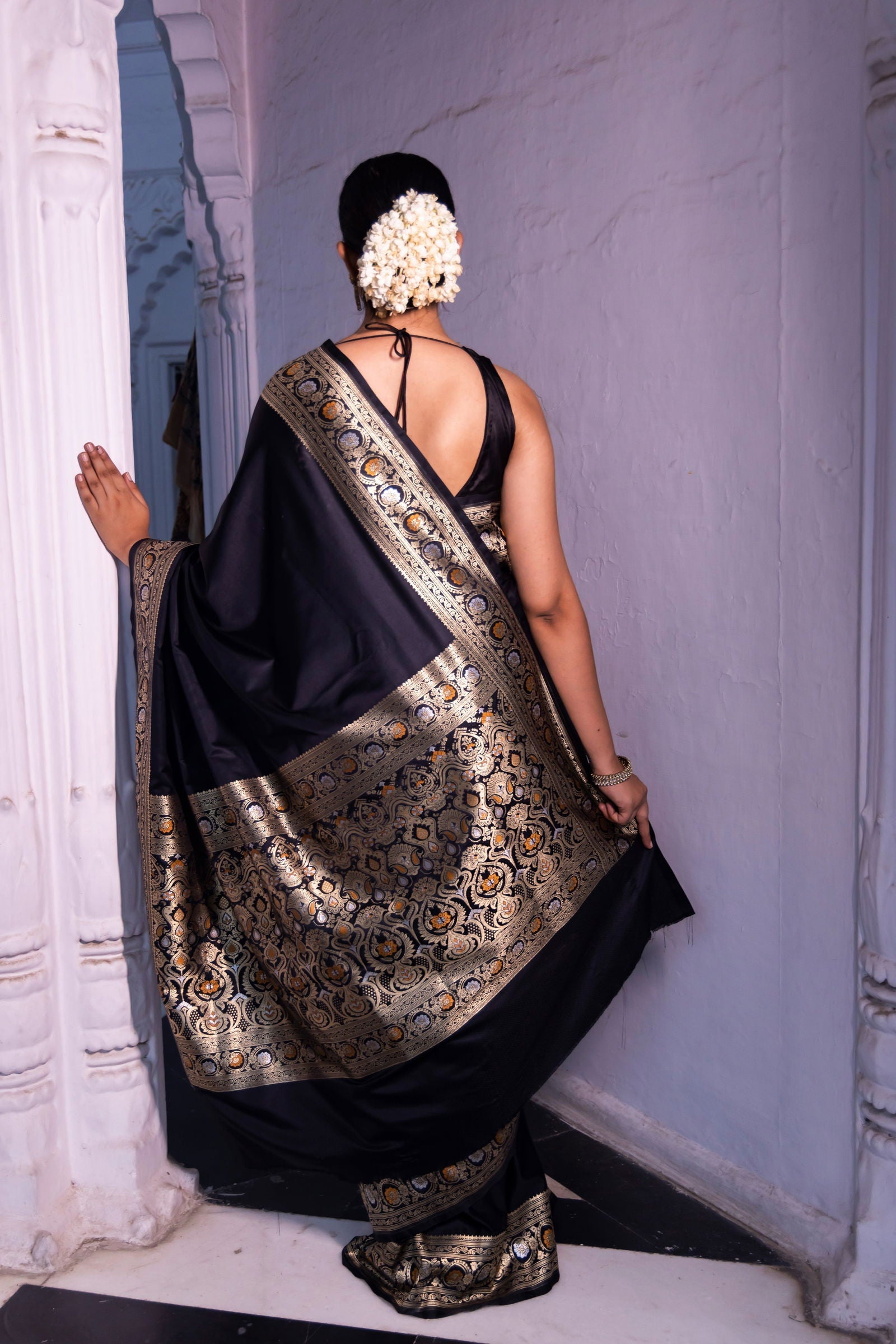 Handloom Black Mashru Satin Silk Banarsi saree - Mayrake